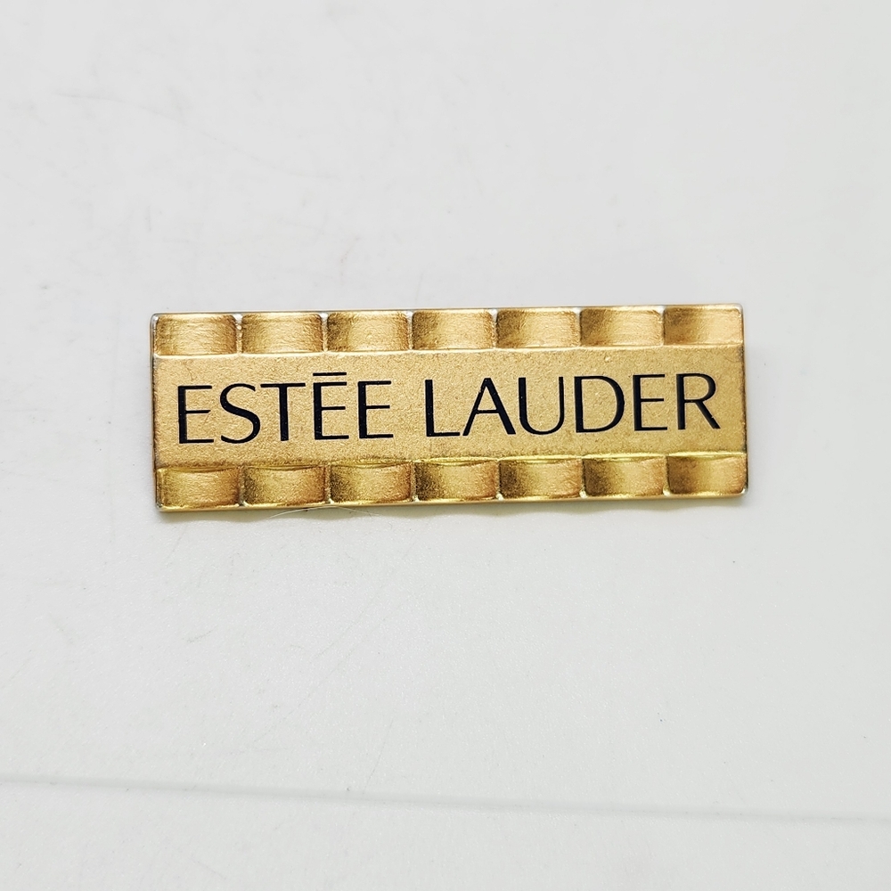 Vintage ESTEE LAUDER Gold Tone Employee Pin Rare Scallop Edge Bar Brooch